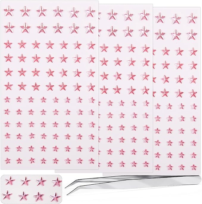 264Pcs Star Face Gems Eye Gems, Self-Adhesive Face Jewels Rhinestones 5/7/10 mm DIY Face Gems Stick on, Patriotic Makeup Gems Rave Accessories for Face Eyes Hair Makeup Body, Crafts (Pink-Star)