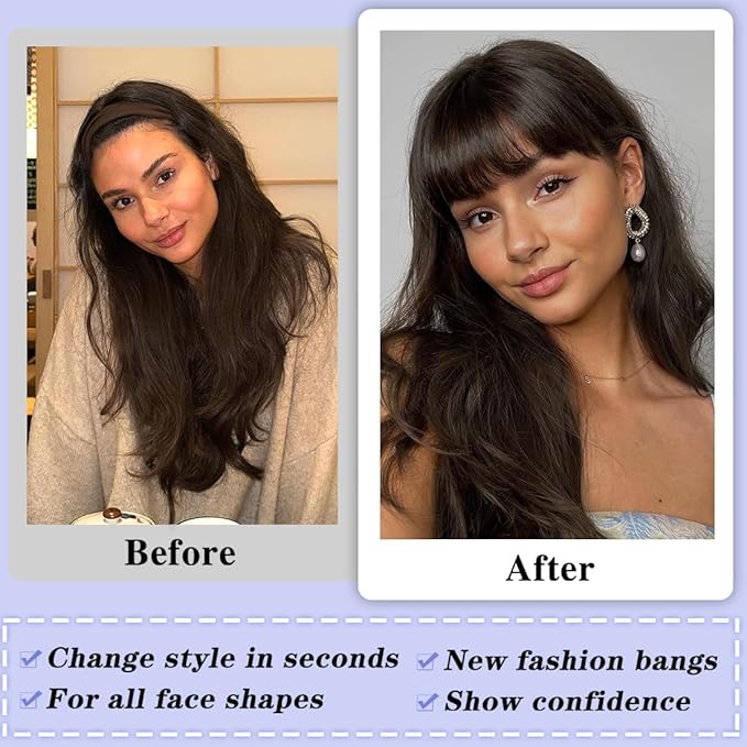 NAYOO Bnags Hair Clip- Dark Brown Fake Bangs 100% Real Human Hair Extensions Wispy Bangs for Women Fringe with Temples Hairpieces Curved Bangs for Daily Wear(Dark Brown Wispy Bangs)