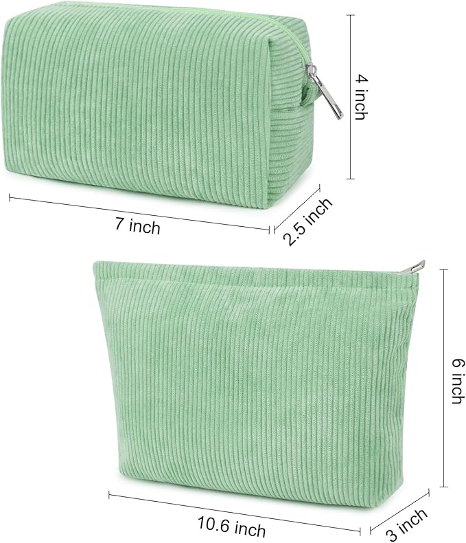 2 Pcs Corduroy Makeup Bag Large Cosmetic Bag Toiletry Bag Makeup Pouch Travel Bag Organizer Cute Makeup Brushes Aesthetic Accessories Storage Bag for Women Green