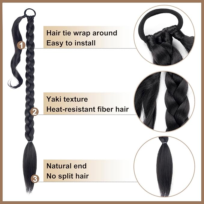 2 Pack Long DIY Braided Ponytail Extension with Hair Tie Straight Wrap Around Hair Extensions Ponytail(2#)