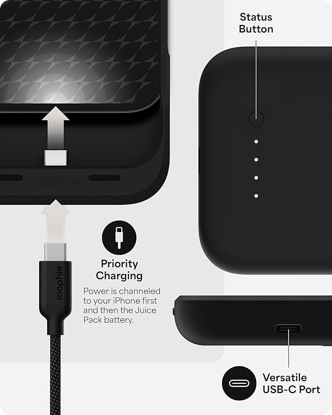 mophie Juice Pack Battery Case for iPhone 16 - Slim Charging Case, Magnetic Back for Wallets & Mounts, +50% Extra Battery Life, Enhanced 6-Foot Drop Protection, Sustainable Material, Black