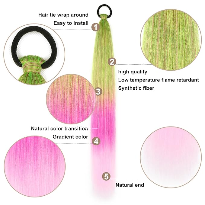 2 Pack Braid Ponytail Extension with Elastic Tie Straight Sleek Wrap Around Braid Ponytail Green Pink Gradient 26 Inch (Green/Rose Pink/Light Pink#)