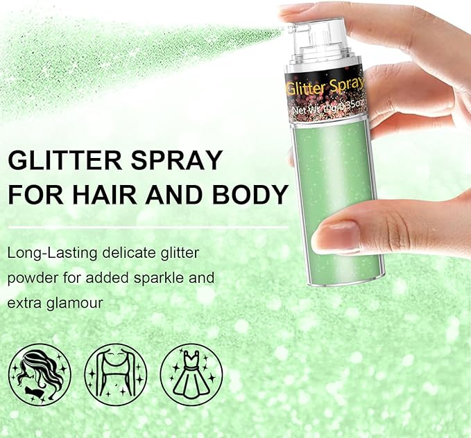 Hair and Body Glitter Spray, 1PC Green Glitter Hairspray Dry Powder Makeup for Clothes, Festival Rave Prom Loose Sparkle Powder,Holographic Ultra Fine Resin Glitters for Crafts,10g (Green)
