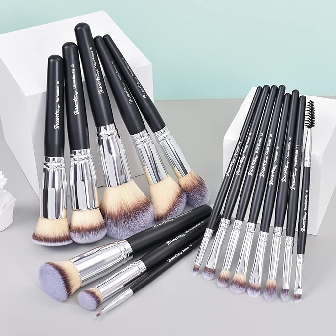 Bueart Design 19Pcs ULTRA SOFT Black labeled Makeup Brushes set Contains large powder Flat Foundation Blending Blush Face contour Concealers Brush (16Pcs Matte Black S)