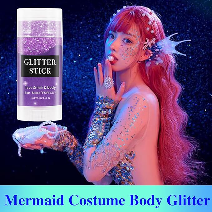 MEICOLY Purple Face Body Glitter Stick,Mardi Gras Outfit for Women,Mardi Gras Accessories,Waterproof Chunky Glitter Makeup for Face/Body/Hair/Eyes,Mermaid Glitter Face Paint,Body Glitter for Women