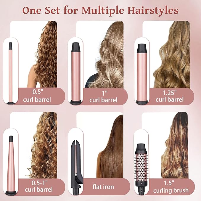 6 in 1 Curling Iron, Curling Wand Set with Curling Brush, Flat Iron and 4 Interchangeable Ceramic Barrels (0.5"-1.25"), Instant Heat Up, Dual Voltage Hair Curler, Include Glove