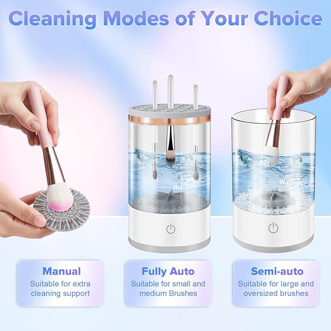 Electric Makeup Brush Cleaner Machine, 2 in 1 Cosmetic Brush Cleaner with Cleaner Mat, Automatic Spinning Washer Combined for All Size Makeup Brushes & Sponges, Beauty Cleaning Tool Gifts for Women