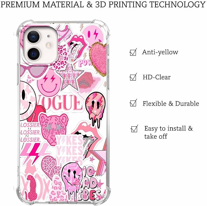 Case for iPhone 12/12 Pro with Pink Design,Aesthetic Hippie Indie Popular Elements Pattern,Shockproof Soft TPU Bumper Phone Cover(12,Pink)