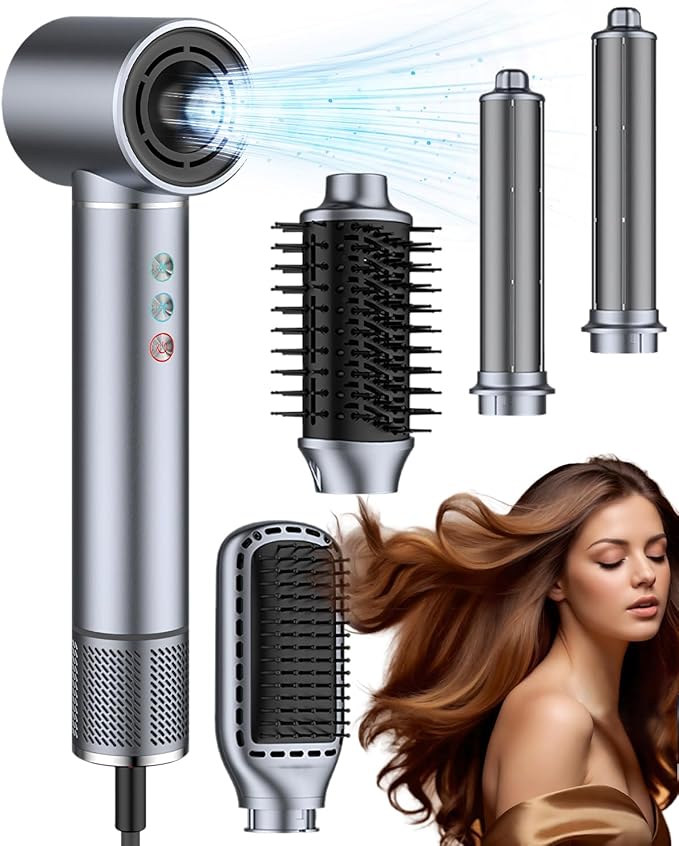 5 in 1 Hot air Blow Dryer Brush Hair Dryer Curling Wand Volumizing Brush Straightening Brush Blow Dryer Brush - Rapid Drying, Volume Boost, Ionic Smoothing, 110k RPM Motor(Steel Blue)