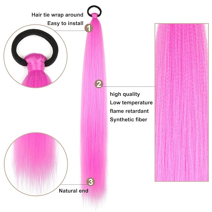 2 Pack Pink Braid Ponytail Extension with Elastic Tie Straight Sleek Wrap Around Braid Ponytail 26 Inch (Rose Pink#)