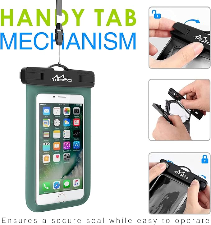 MoKo Waterproof Phone Pouch Holder, Underwater Cellphone Case Dry Bag with Lanyard Armband Compatible with iPhone 16 15 14 13 12 11 Pro Max X/Xr/Xs Max/SE 3, Samsung S24/S23/S21/S20/S10/S9, Army Green