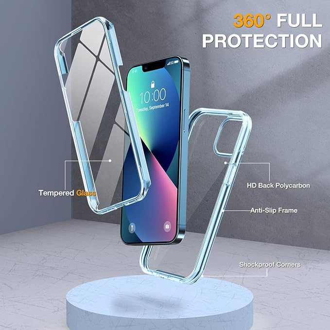 Miracase Glass iPhone 13 Case 6.1 inch, 2023 Upgrade Full-Body Clear Bumper Case with Built-in 9H Tempered Glass Screen Protector for iPhone 13,Clear Blue
