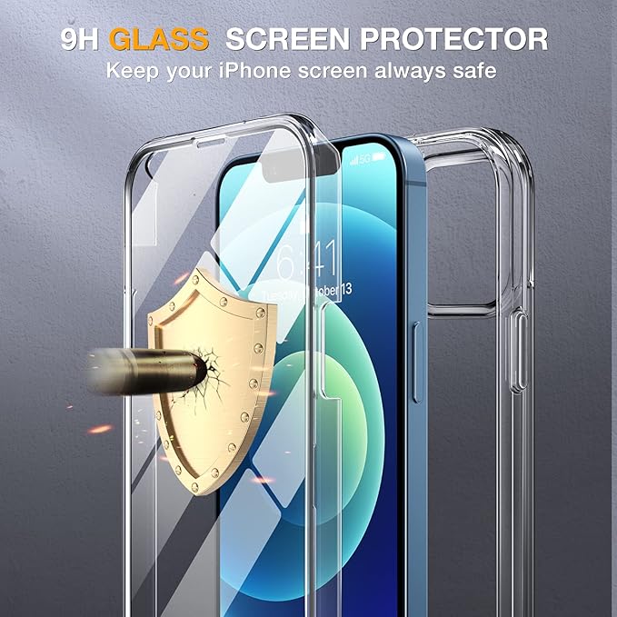 Miracase Glass Series for iPhone 12/12 Pro - Full-Body Rugged Protective Case with Built-in 9H Tempered Glass Screen Protector and Camera Lens Protector - Crystal Clear