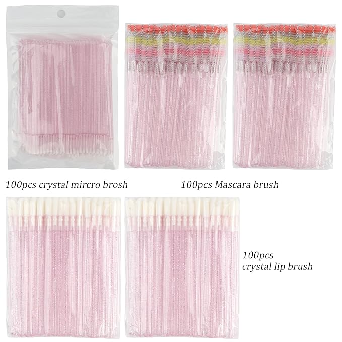 300 PCS Eyelash Extension Supplies Kit, Disposable Micro Swab, Crystal Eyebrow Spoolie, Lip Brush, Mascara Wand Applicator (Colorful + Light Pink)