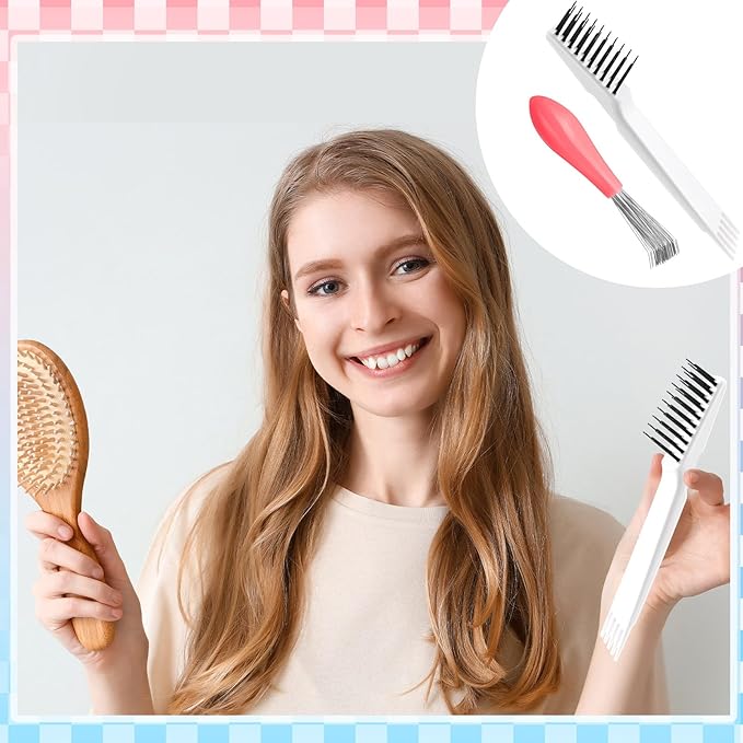 Boao 2 Pieces Hair Brush Cleaning Tool Comb Set 2-in-1 Mini Hair Brush Dirt Remover with Metal Wire Rake for Removing Dust Home and Salon Use(Pink and White)