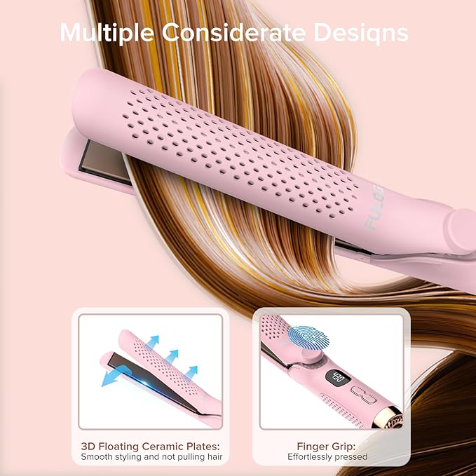 360° Airflow Styler Curling Iron, 1.25 Inch Hair Straightener and Curler 2 in 1, LED Display Curling Flat Iron with Cooling Air Vents to Lock in Style, Adjustable Temp Curling Wand (Pink)
