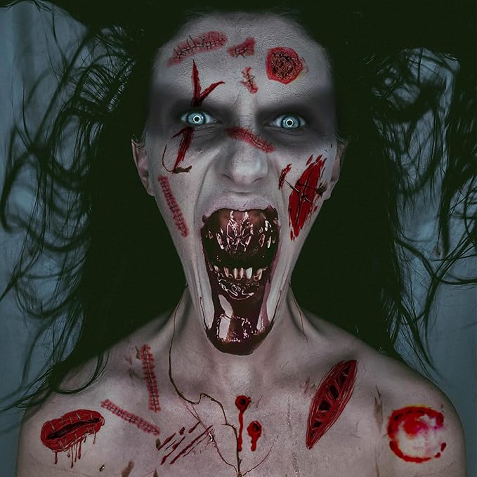 60+PCS 10 Sheets Fake Scars Temporary Tattoos, Horror Realistic Scary Blood Zombie Face Stickers, Halloween Simulation Wounds Stitches Body Makeup, Chucky Cosume Prank Cosplay Kids Men Women Adults A