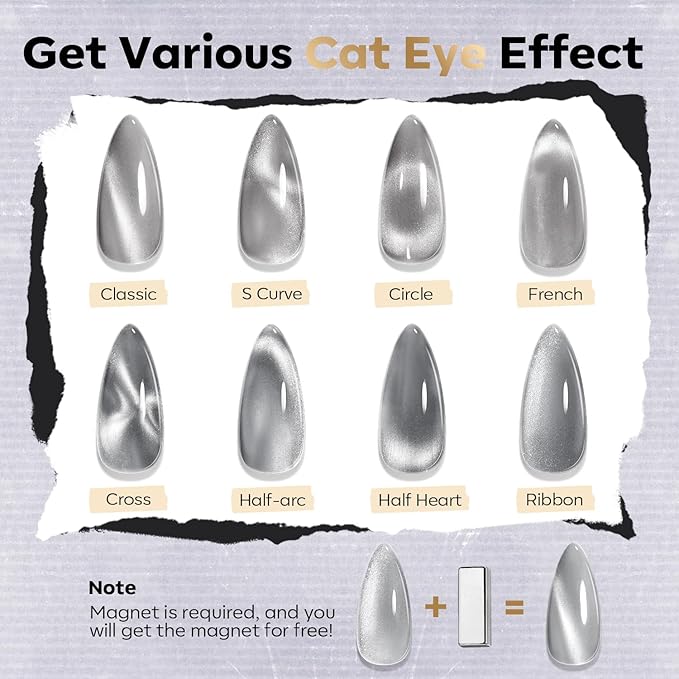 modelones Nail Polish Set, 6 Colors White Black Nail Polish with Magnet Glitter Cat Eye Magnetic Non Toxic Quick Dry Nail Polish Kit Fast Drying Fingernail Polish Salon Home DIY Gifts For Women Girl