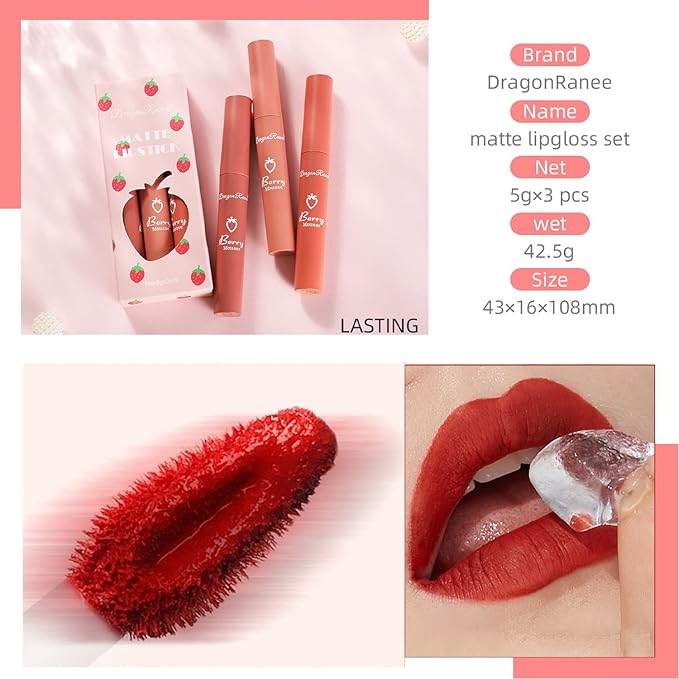 3 Piece Nude Matte Lipstick Set,Natural Velvet Air Moisture Smooth Crayon Lip Stain,Ultimate Nourishing Matte Lipstick 24 Hour Long Lasting Lip Gloss Lipstick for Women Makeup(Set A)