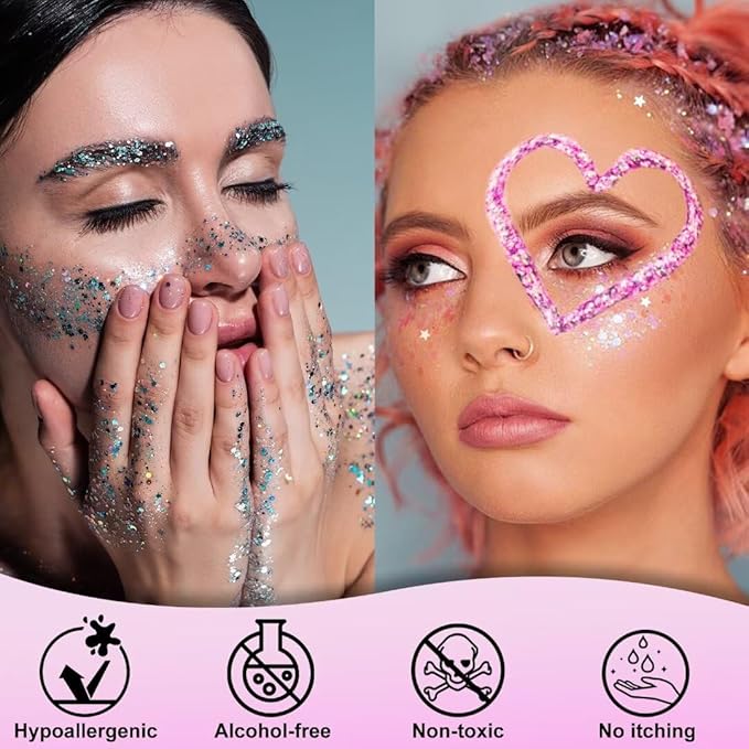 Pink Body Glitter Gel,Singer Concerts Lover Heart Face Glitter Gel,Face Body Chunky Glitter Makeup for Festivals,Raves,Anime Cosplay - Safe for Face 50ml