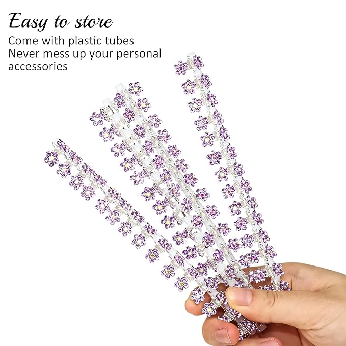 65PCS Mini Purple Flower Hair Clips with Rhinestone Mini Glitter Teeth Rhinestone Flower Hair Accessories No-Slip Grip Metal Jaw Clamps for Girls Women (Silver-Purple Crystal)