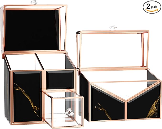 Makeup Organizer Countertop Glass – Vanity Holder with 18-Slot Lipstick Organizer & Covered Makeup Brush Holder – Skincare, Perfume & Cosmetic Display for Bathroom or Dresser