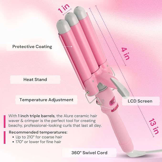 Alure Three Barrel Curling Iron Wand Hair Waver with LCD Temperature Display - 1 Inch Ceramic Tourmaline Triple Barrels, Dual Voltage Crimp (White/Pink)