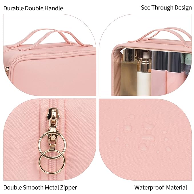 OCHEAL Makeup Bag, Double Layer Cosmetic Bag, Large Capacity New Look Clear Cosmetic Case for Women Travel Beauty Essentials, Multiple Compartments Make up Organizer Zipper Pouch- Pink