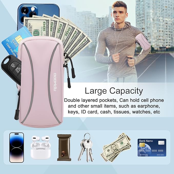 Arm Band for Phone for Running, Small Crossbody Purses for Women Men, Arm Phone Holder for Running Hiking with Reflective Stripes, Cell Phone Running Armbands for iPhone Samsung 7.2 Inch (Pink)