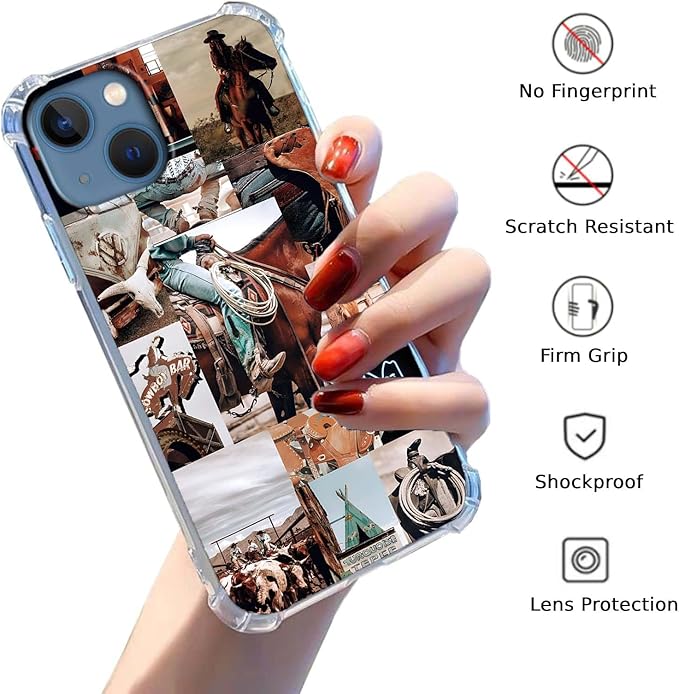 Case for iPhone 13 Mini with Cowboy Art Design,Cowgirl Riding Horse Wild West Scenery Pattern,Trendy Soft TPU Bumper Phone Cover(13mini,Western)