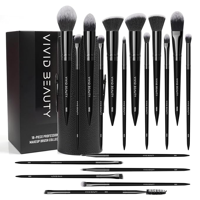 18pcs Makeup Brush Set with Case Dense Synthetic Fiber Premium Metal Ferrule Wood Handle Brushes Includes Powder Foundation Blush Eyeshadow Kit Professional Make up Tools for Women(Black)