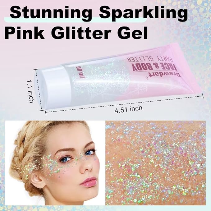 Sparkling Pink Face Body Glitter Gel,Color Changing Chunky Glitter Gel Makeup,Long-Lasting Festival Rave Cheer Body Shimmer Glitter for Women and Kids 50ml