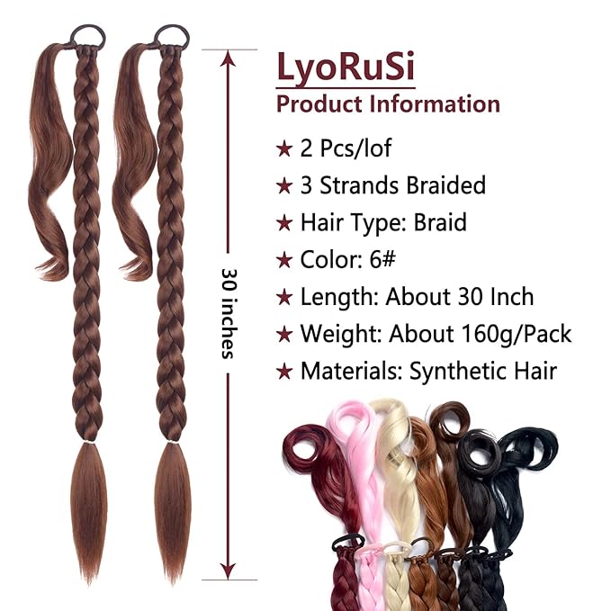 2 Pack Long Braided Ponytail Extension with Hair Tie Straight Wrap Around Hair Extensions Ponytail(6#)