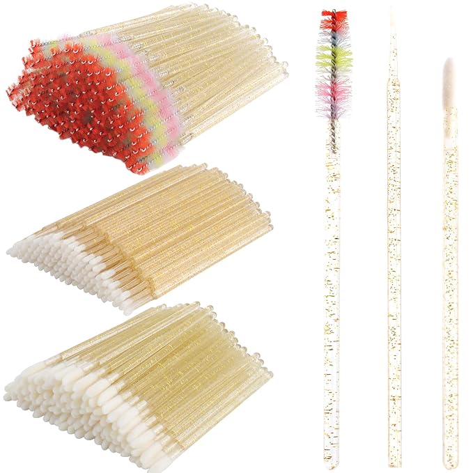 300 PCS Eyelash Extension Supplies Kit, Disposable Micro Swab,Crystal Eyebrow Spoolie Lash Brush, Lip Gloss Brush, Mascara Wand Applicator(colorful+gold)