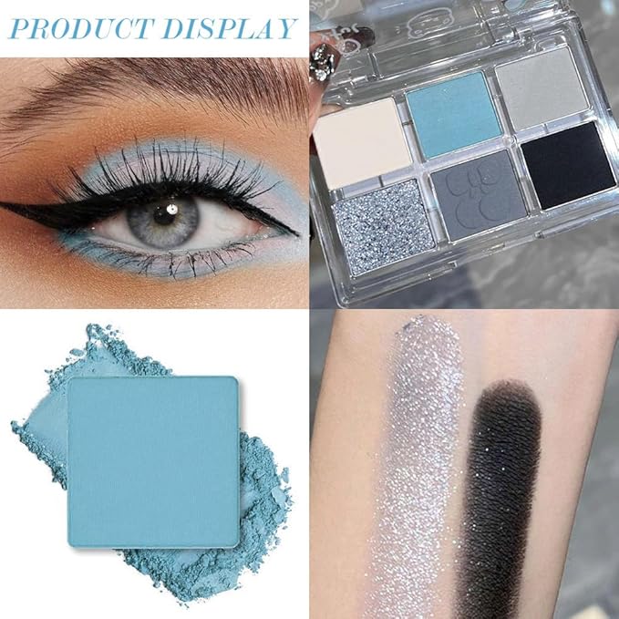 6 Colors Glitter Matte Eyeshadow Palette, Light White Sky Blue Gray Silver Black Sparkly Eyeshadow Palette Makeup, Warm Eye Shadows Palette Long Lasting Naturing-Looking Women Girls Eye Shadow 03