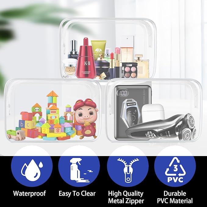16 Pieces Clear Cosmetic Bags, Transparent Makeup Bags for Travel, TSA Approved Toiletry Bag Waterproof Pouch with Zipper Vinyl Plastic Organizer Carry-on Travel Essentials (White-L)