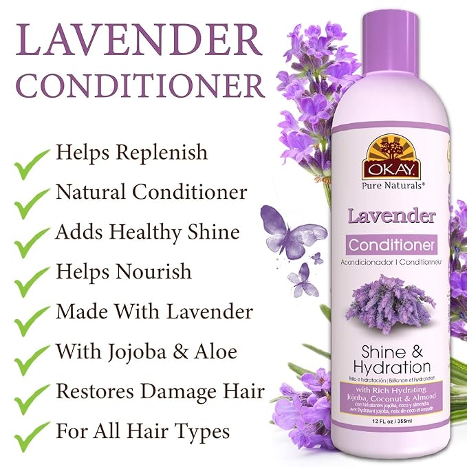 Okay Lavender Shine&Hydration Conditioner Helps Replenish,Nourish and Hydrate Hair Sulfate,Silicone,Paraben Free For All Hair Types and Textures Made in USA 12oz (OKAY-LAVC12)
