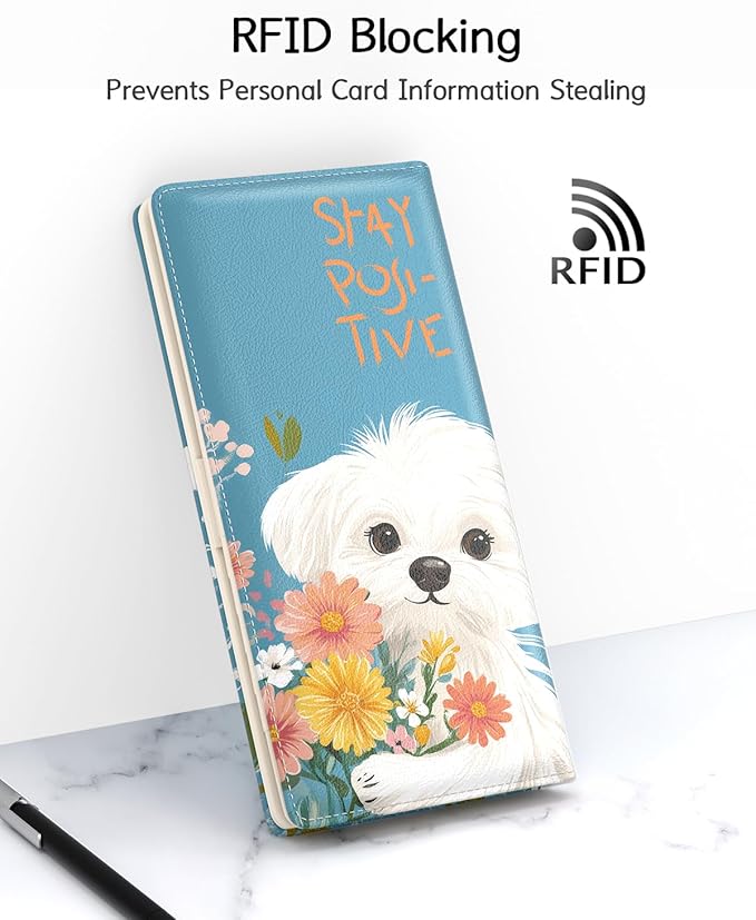 Nipichsha Womens Wallet, RFID Slim Wallets for Women, Thin Ladies Credit Card Holder Purse, Cute Leather Bifold Clutch Billfold with 11 Card Slots & ID Window, Flowers Dog