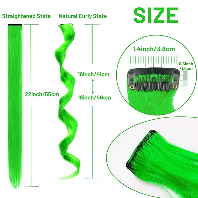 16 Pcs Colored Hair Extensions Curly Wavy Clip in Synthetic Hairpiece Streak,Colorful St.Patrick's Day Cosplay Party Highlights for Girls Women Kids Gift(Neon Green)