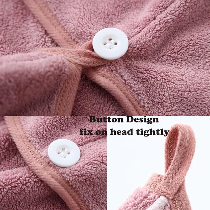 2 Pack Microfiber Hair Towel Wrap,Hair Drying Towel with Button Design,Head Towel to Dry Curly Hair Quickly (Bean Pink)