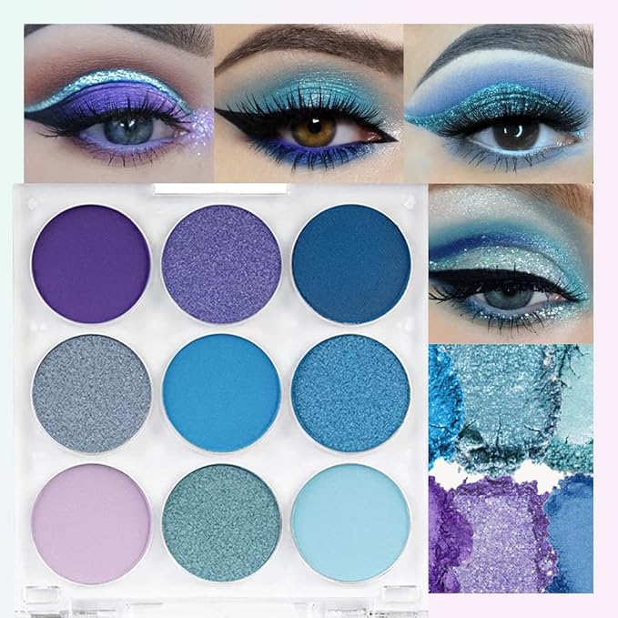 9-Color Shimmer & Matte Blue Eyeshadow Palette – Highly Pigmented Light & Dark Blue Shades, Blendable Shiny & Matt Makeup Powder