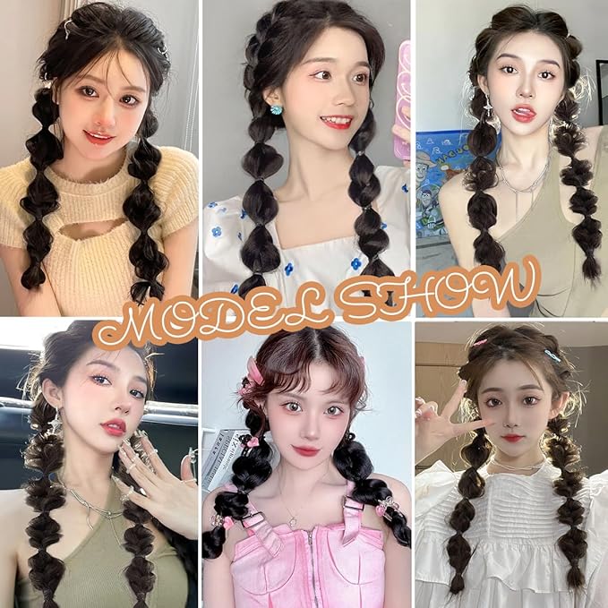 2 Pcs Bubble Ponytail Wig Synthetic Braided Hair Extensions With Ties and Band Wrap Around Hairpieces for Women Girls Daily Wear Accessories (Brownish Black)
