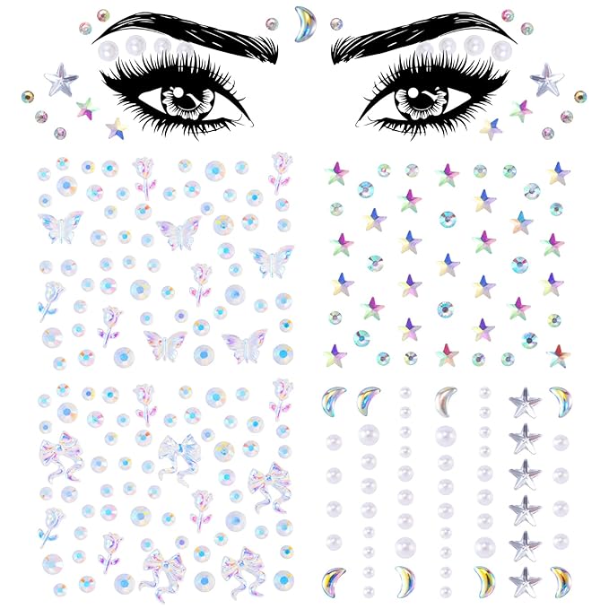 OIIKI 4 Sheets Star Face Eye Stickers, Star Jewelry Eye Body Sticker, Acrylic Crystal Face Gems, Halloween Moon Pearls Butterfly Face Makeup Stickers, 4 Styles Rhinestone Tattoos for Women, Girls