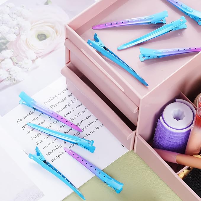 24 Packs Duck Bill Clips, Bantoye 3.35 Inches Rustproof Metal Alligator Curl Clips with Holes for Hair Styling, Hair Coloring, Gradient Blue