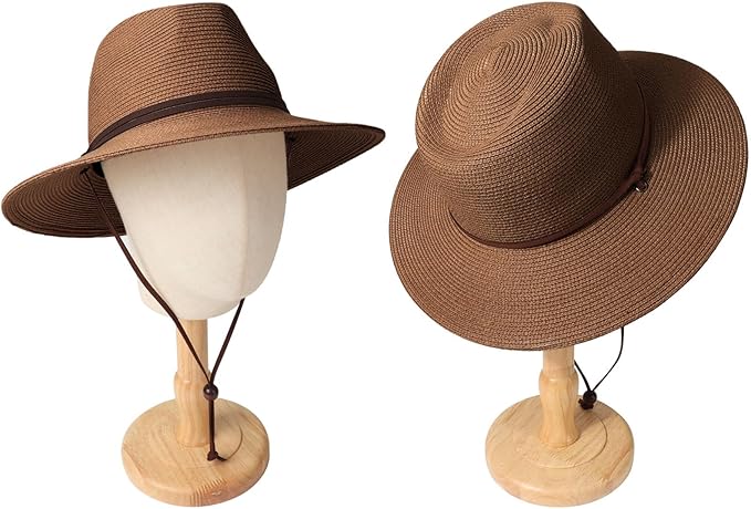 DRESHOW Women Straw Panama Hat Travel Fedora Beach Sun Hat Summer Wide Brim Straw Roll up Hat UPF 50+