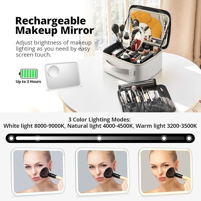 Omobolanle Makeup Bag with Mirror Led Light Detachable Portable Make up Travel Train Case with Adjustable Dividers and 10x Magnifying Mirror Beige