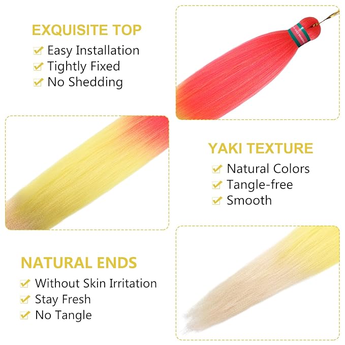 Ombre Pink-Yellow-Blonde Pre Stretched Braiding Hair, 36 Inches Braid Hair Extensions, 8 packs Multi Color Blend Braiding Hair Pre-stretched, Crochet Hair Braiding