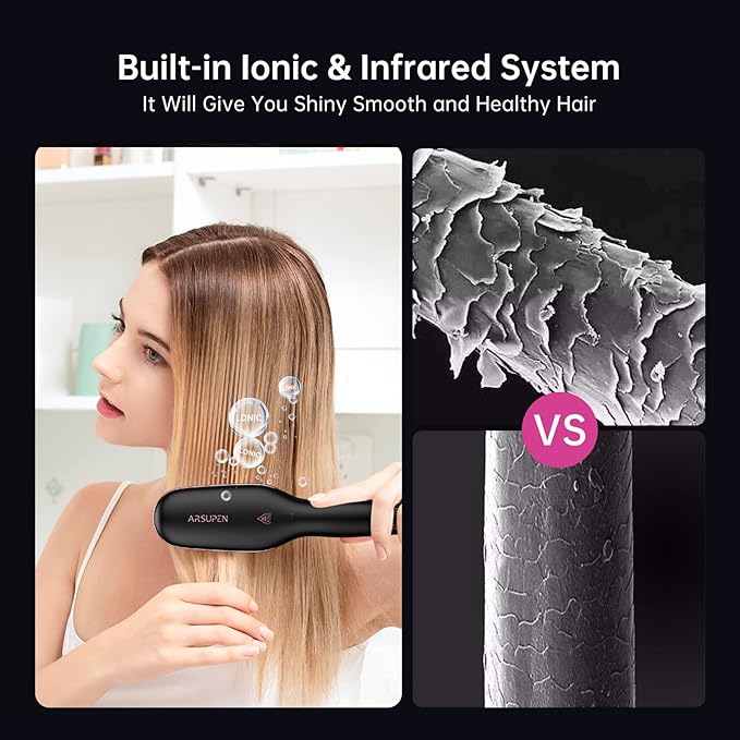 OMTech Hair Straightener Brush, Heated Brush for Women with Anti-Scald, Auto Temperature Lock and Auto-Off, MCH Fast Heating, Home, Barber Shop