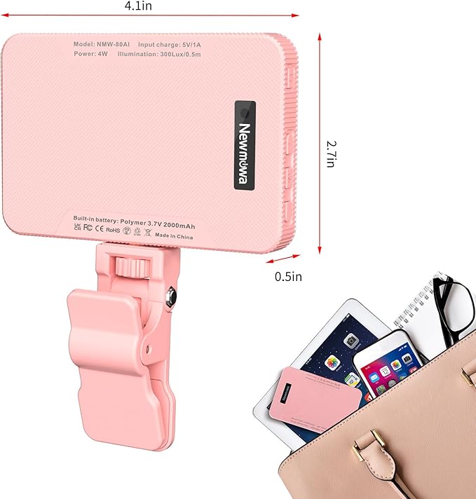 Newmowa Pink Rechargeable Selfie Light - Portable Clip-on Video Light for Phone/Laptop/Camera With Smart Sensor, 3 Modes, 2000mAh Battery for Selfie/Makeup/Video Conference/TikTok