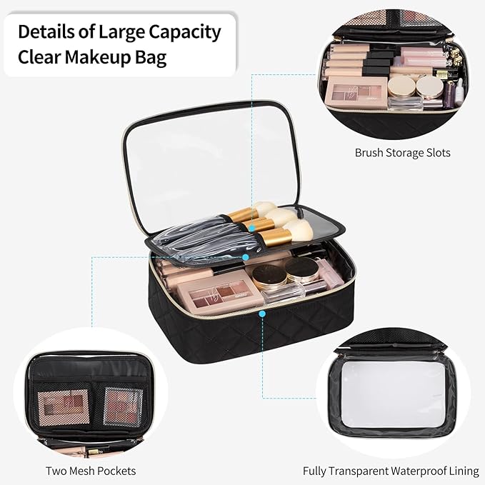 OCHEAL Clear Makeup Bag, Portable Cosmetic Bag Storage Organizer, Travel Makeup Bag Cute Clear Pouch For Women and Girls Cosmetics Bags with Divider Makeup Brush Compartment-Large Black